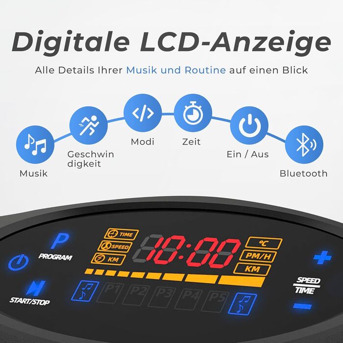 Вібраційна платформа JUPPLIES з 5 режимами тренувань та 5 еластичними стрічками - тренажер для дому, для нарощування м'язів та спалювання жиру, тиха та неслизька з Bluetooth та пультом дистанційного керування