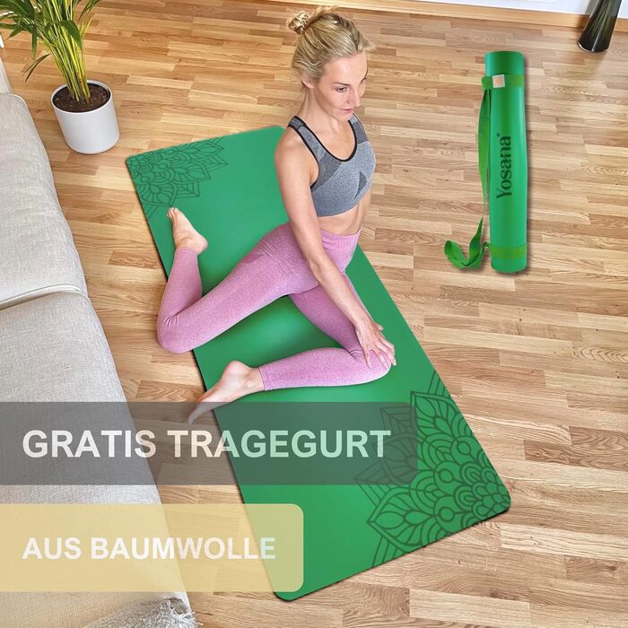 Килимок для йоги з натурального каучуку | Нековзний | ECO PU поверхня з ULTRA GRIP | 183x68 см, 4 мм, зелений, з мандалою | з ремінцем для перенесення