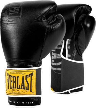 Боксерські рукавички Everlast 1910 Classic з натуральної шкіри, для тренувань з мішком та лапами, на липучці, потрійна амортизація, ергономічна ручка, оригінальні чорні Everlast 12OZ