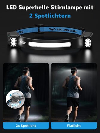Налобний ліхтар Smiling Shark 2400mAh з 315° поворотом, 2 світлодіоди, сенсор руху, мультимодний, для кемпінгу та туризму