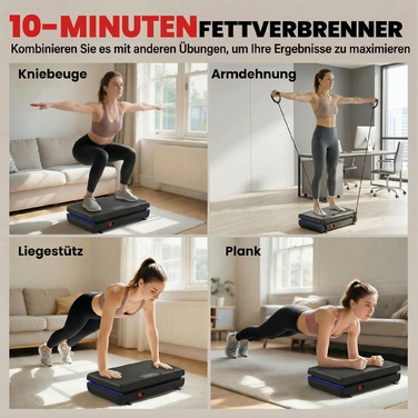 Віброплатформа з 120 рівнями інтенсивності, 5 програмами, LED-підсвіткою, гумовими амортизаторами та ременями опору