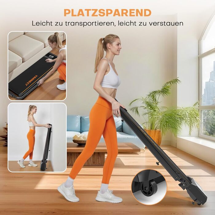 VANNECT Walking Pad - складане бігове полотно для дому, 1-12 км/год, кут нахилу 9%, LCD-дисплей, дистанційне керування, 150 кг, помаранчеве