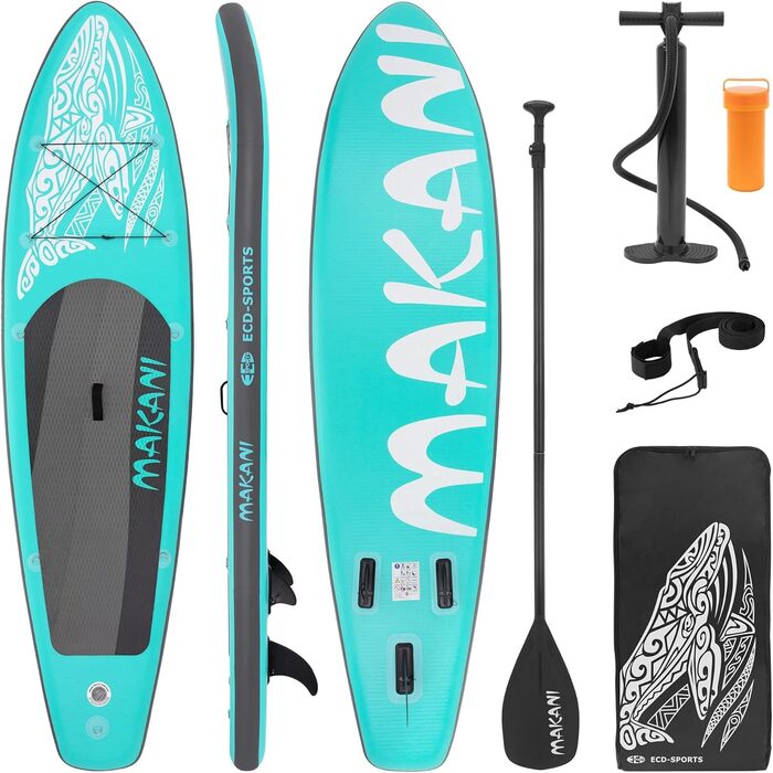 Надувна SUP-дошка ECD Germany Makani 305–380 см, PVC, до 150 кг, товщина 10/15 см, з сидінням для каяка, комплект сумка, весло, зелена