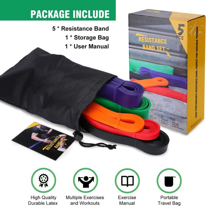 Стрічки опору для фітнесу та фізіотерапії, набір для тренувань, дамам та чоловікам, багато кольорів