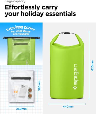 Водонепроникний мішок Spigen Aqua Shield 30L: Сумка, рюкзак для пляжу, плавання, кемпінгу, катання на човні та каяку (Cactus Green)