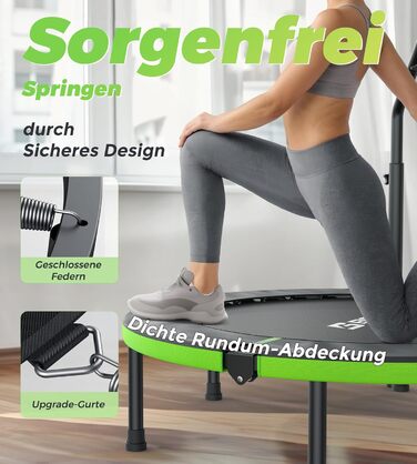 Трамплін для дому BCAN Fitness: діаметр 102/122/130 см, пружинний/з еластичним тросом, для дорослих до 250 кг, з регульованими ручками, тихий та з низькою вібрацією, зелений