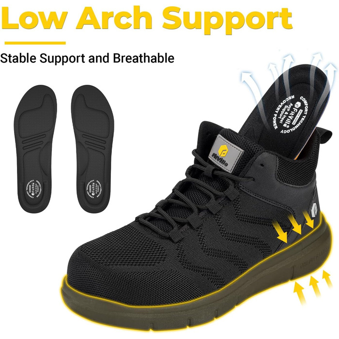 Черевики безпеки FitVille для чоловіків, X-широкі, з металевим носком, легкі, дихаючі, антипрокольні, протиковзкі, чорні, 47 EU