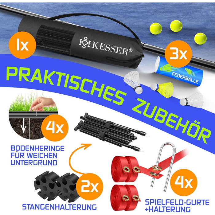 Мережа для бадмінтону та тенісу KESSER® 3-в-1, 300 см, з м'ячами та сумкою