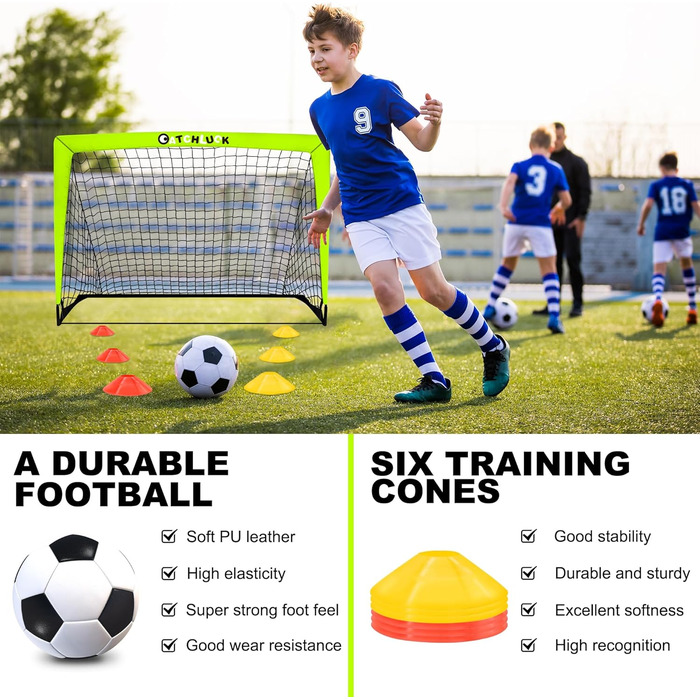 Дитячі ворота для футболу Pop Up, зелені, з трьома цілями, 6 перешкодами та сумкою для перенесення