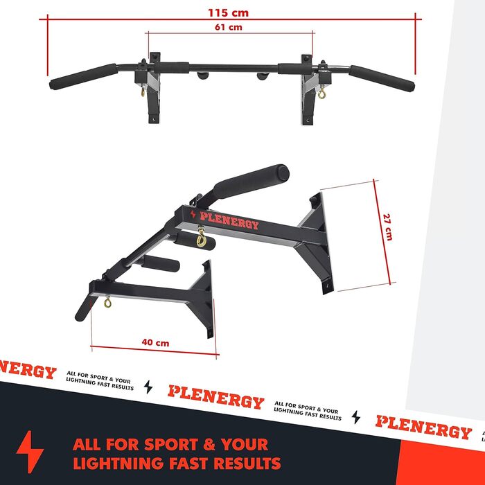 Турнік для стелі та стіни Plenergy S5 Black, 6 нековзких ручок, комплект для монтажу, міцний і безпечний