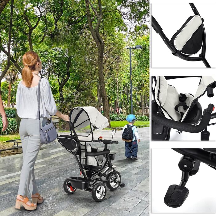 Триколісний велосипед 4-в-1 для дітей від 1 року з батьківською ручкою – дитячий триколіс для 1-4 роки до 25 кг, регульована батьківська ручка, поворотне сидіння, складаний навіс та кошик – компактний та безпечний (світло-сірий)