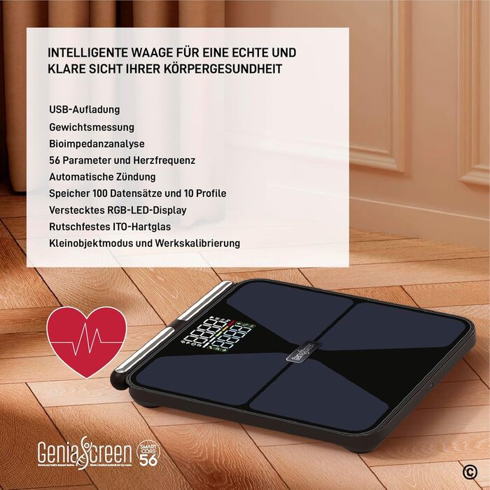 Вага для вимірювання жиру в тілі GeniaScreen SmartCore з Bluetooth: аналіз складу тіла, 56 показників, LED-дисплей, 180 кг