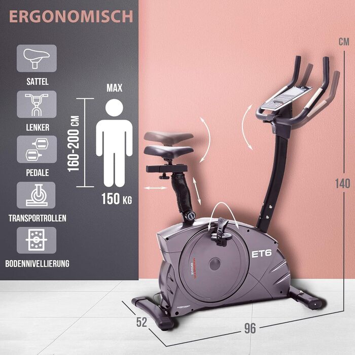 Ергометр Christopeit Sport ET 6, 24 рівня, до 150 кг, 12 кг магнітна система, LCD-дисплей, домашній тренажер