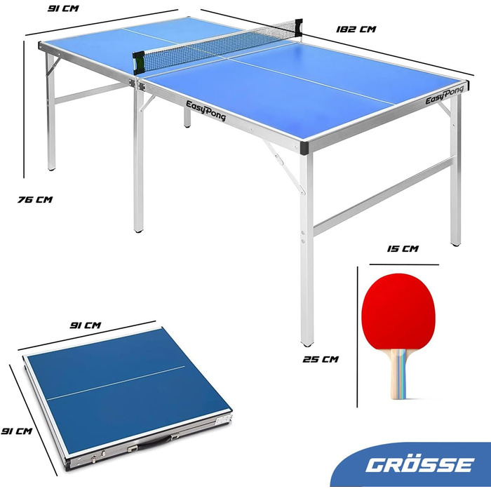 Стол для пінг-понгу EasyPong | 182x91 см | Преміум якість | Зручний для транспортування | Стабільний | Для гри в приміщенні та на вулиці | Комплект: 2 ракетки + 4 м'ячі | Оригінальний Easy Pong | Синій