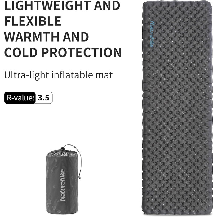Каремат Naturehike 3.5R для кемпінгу, самонадувний, зимовий (-6°C), чорний, прямокутний (L)