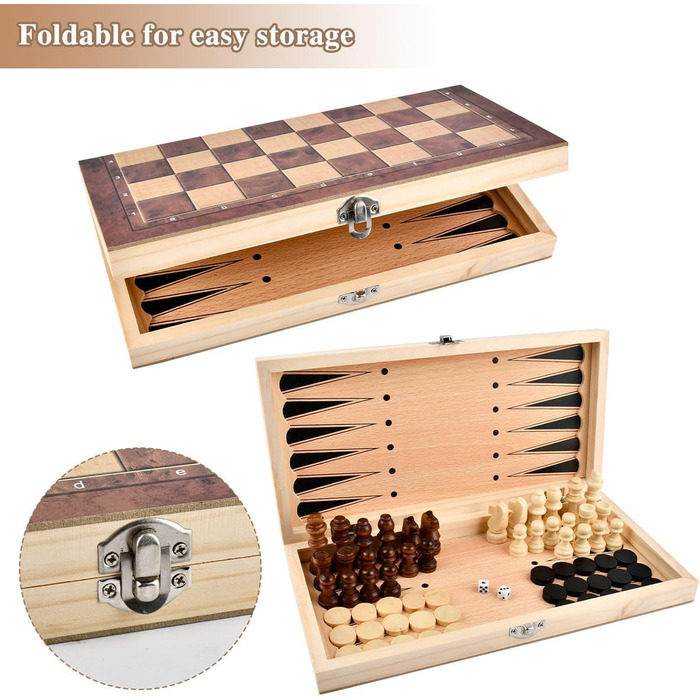 Шаховий набір дерев'яний 3 в 1, 29x29 см: шахи, шашки, шашки-кірпічі. Складаний, портативний, для подорожей, сім'ї, вечірок. Преміум якість.