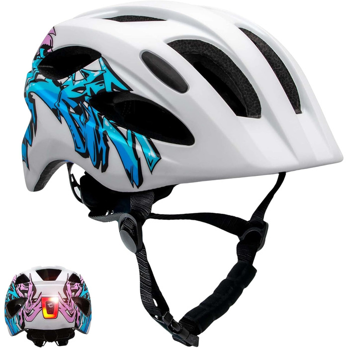 Шолом велосипедний дитячий Crazy Safety COOL S.W.A.T. 6-12 років, з USB ліхтарем, розмір M (54-58 см), біло-блакитний графіті