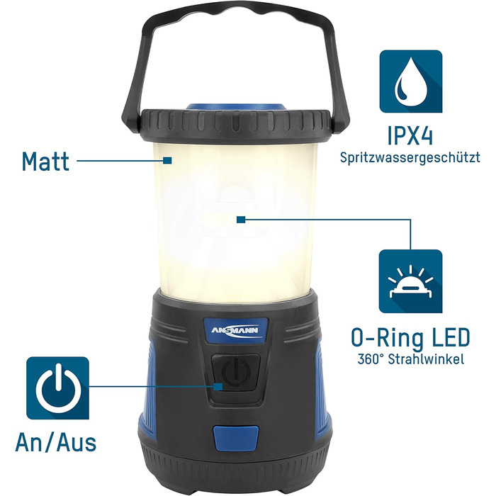 Ліхтар кемпінговий LED ANSMANN CL600B: 600 люмен, 360° світло, регулювання яскравості, водонепроникність IPX4, 3 режими (білий, червоний, червоний блимає), на батарейках