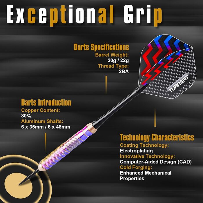 Дарти Turnart Metallspitze - Професійний набір дротиків 6 шт (22/24 г) з латунними корпусами та сталевими наконечниками