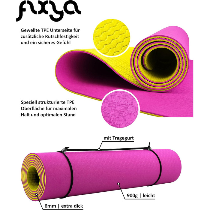 Преміум килимок FLXYA для фітнесу, йоги та пілатесу, TPE, 183x61x0,6 см, рожево-жовтий, не містить фталатів, нековзкий, з ременем для перенесення
