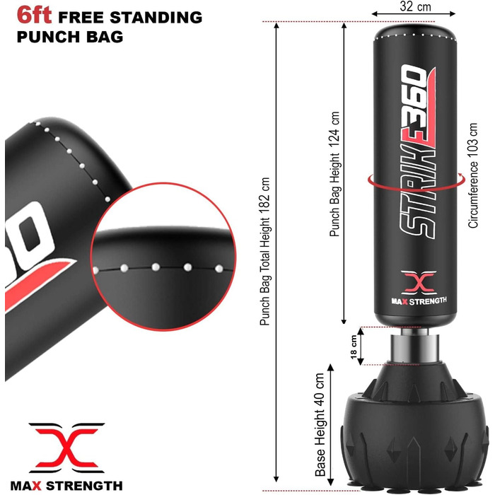 MaxStrength Вільностоячий боксерський або кікбоксерський мішок 1,7/1,8 м для єдиноборств, ММА, фітнесу, міцна стійка-мішок