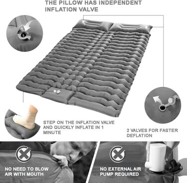 Килимок для кемпінгу YuanDiann 200x140 см на 2 особи, самонадувний, легкий, комфортний, з подушкою та насосом