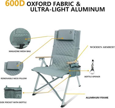 Крісло для кемпінгу складне, з регульованою спинкою в 4 положеннях, до 150 кг, з підстаканником та бічною кишенею, для риболовлі, відпочинку на природі, саду, балкону (Цянь)