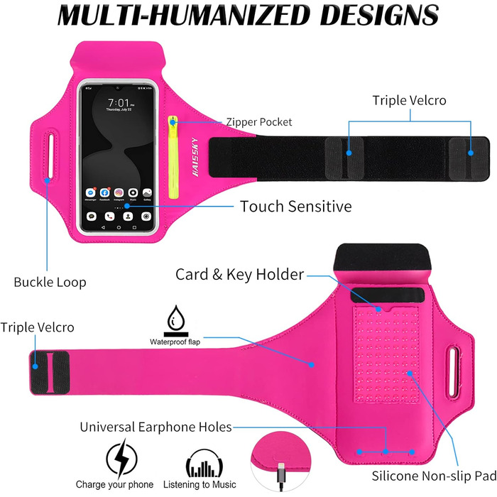 Спортивний браслет Haissky з кишенькою для навушників. Сумісний з iPhone, Huawei, Xiaomi, Galaxy. Сірий/Рожевий (до 6.9 дюймів)