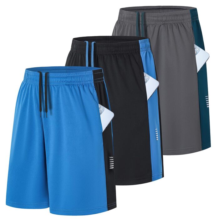 Шорти чоловічі ZENGVEE 3/5 шт. у наборі, спортивні, з світловідбиваючими смугами, швидковисихаючі, дихаючі, для тренувань та виснажливих фізичних навантажень (S, Чорний, Сірий, Синій)