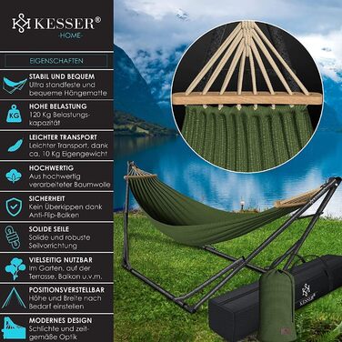 Гамак KESSER® з металевим каркасом: розкладний, регульований, стабільний. Для дому та вулиці (сад, балкон, тераса, кемпінг). У комплекті сумка та мішок. Колір: хакі.