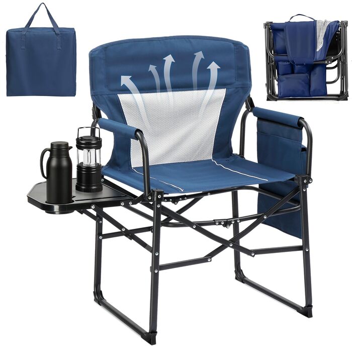 Складний туристичний стілець LEADZM з бічним столиком та відділенням для зберігання, дихаюча спинка, 10 кг, 600D Oxford, металевий каркас, 6x60x9 см, легкий та компактний для відпочинку на природі, риболовлі, фестивалів (1, блакитний)