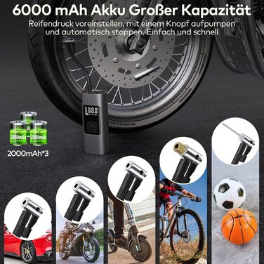 Електрична портативна насос-помпа Wistrue 150PSI з акумулятором 6000mAh, цифровим LCD-дисплеєм та функцією Powerbank для велосипедів, авто, мотоциклів і м'ячів
