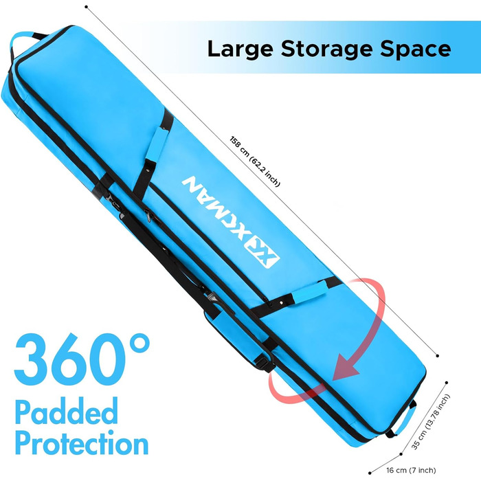 Чохол для сноуборду XCMAN для подорожей літаком – повністю укомплектований, водонепроникний, для сноуборду та черевиків (Синій, 158 см)