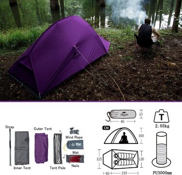 Намет Naturehike Cloud Up 2 - ультралегкий, 2-місний, 3-4 сезон, для кемпінгу та піших прогулянок, 20D, Waldgrün/Lila