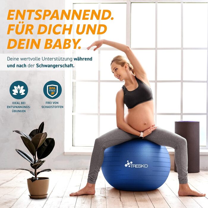 Гімнастичний м'яч TRESKO, 65 см, BPA-free, з насосом, для фітнесу, йоги, вагітних, пілатесу, 300 кг, антивибуховий