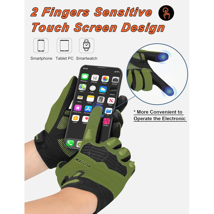 Рукавички для гірського велосипеда KUTOOK: захист долоні, сенсорний екран, дихаючі, зелені, XL