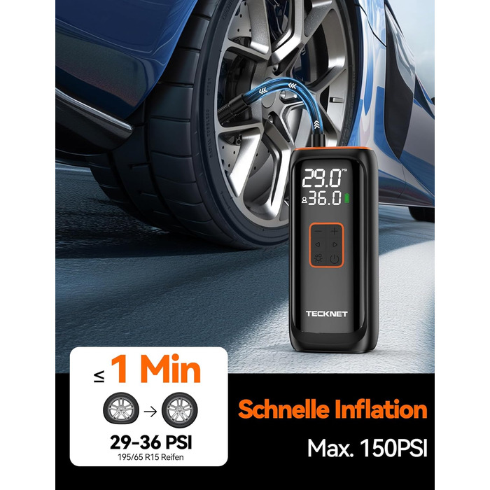 TECKNET електричний компресор 6000mAh, насос 150 PSI для авто, велосипедів, мотоциклів, м'ячів, з манометром, павербанком та ліхтариком