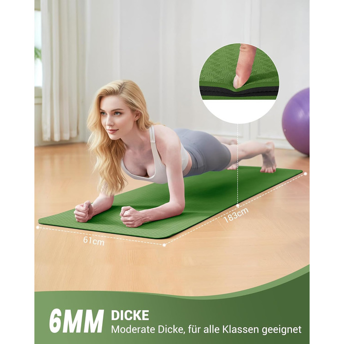 Йога мат для жінок Good Nite: неслизька поверхня, товщина 6 мм, 183x61 см, з чохлом, для йоги, пілатесу, фітнесу, зелено-чорний колір