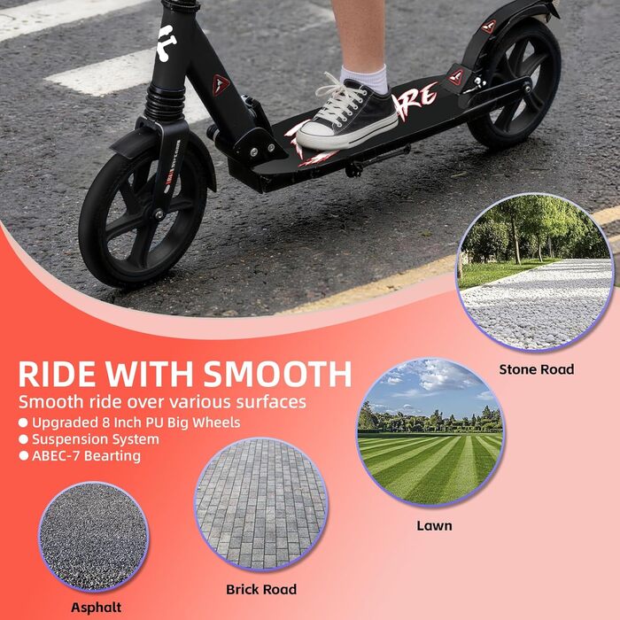 Самокат FREEDARE Cityroller складний для дітей та дорослих, колеса 200 мм, до 100 кг (Чорно-червоний)