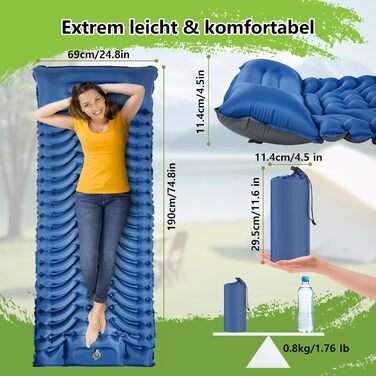 Килимок для кемпінгу MEIJO Isomatte самонадувний, ультралегкий з насосом, товстий для відпочинку на природі, намету, пляжу, блакитний & сірий