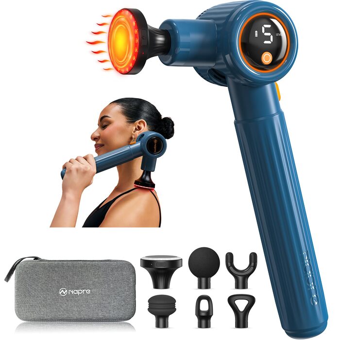 Масажний пістолет Napre з підігрівом та червоною світлотерапією для м'язів спини та шиї, з подовжувальною ручкою та 3 кутами нахилу
