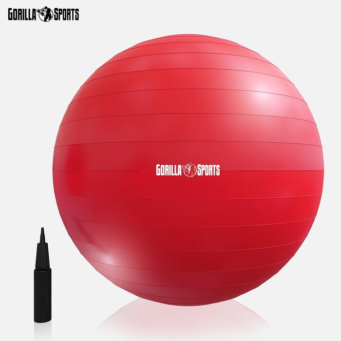 Фітнес м'яч GORILLA SPORTS 65 см червоний – анти-вибуховий, до 500 кг, для йоги, фітнесу, офісу, з насосом