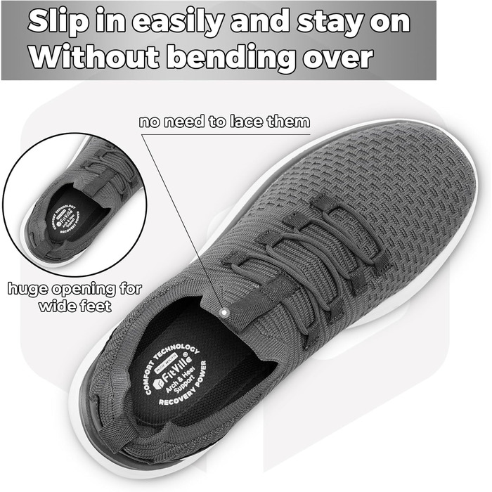 FitVille Кросівки Slip-On для чоловіків, широкі, спортивні, легкі, дихаючі, для бігу, фітнесу, активного відпочинку, залу, сірі, 44 EU