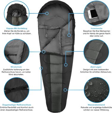 Сплячий мішок Active Era Mumienschlafsack: зимовий, літній, водонепроникний, легкий, температурний режим -10°C до 10°C, компактний, для кемпінгу (Чорний)