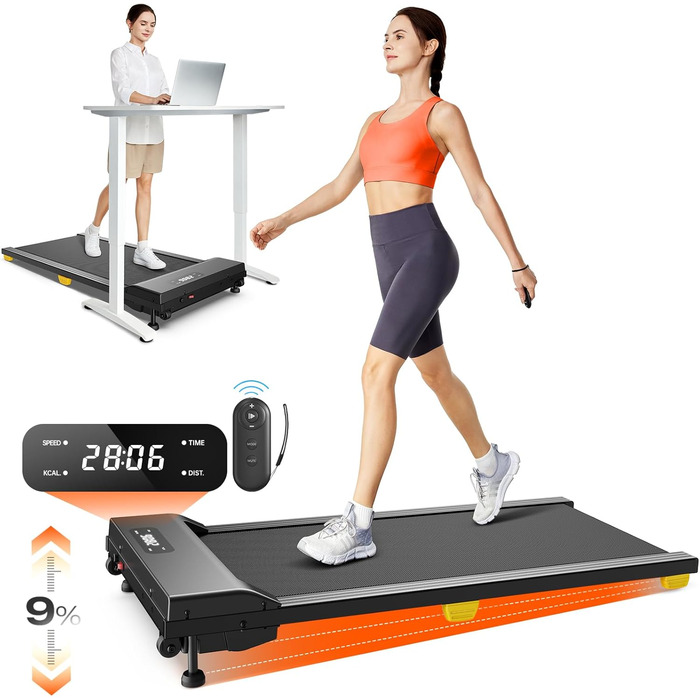 UREVO Walking Pad - біговий килимок з регулюванням нахилу 9%, тихий, з амортизацією, 2.5 к.с., для дому/офісу, з пультом, без монтажу, чорний