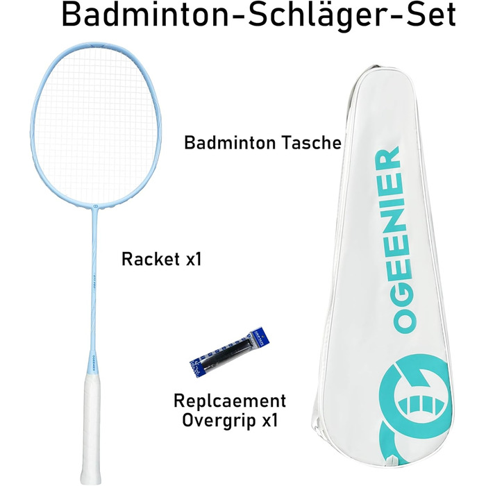 Ракетка для бадмінтону OGEENIER з графіту, легка, професійна, карбонова, з антиковзним грифом та сумкою (Блакитна)