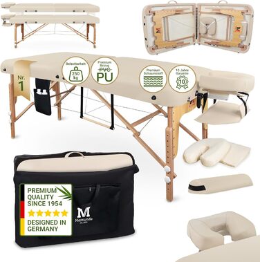Масажне ліжко MASSUNDA Mobile Comfort Deluxe – розкладне, регульоване по висоті, широке, з дерев'яною основою, з підголовником, підлокітниками, подушкою (кремовий)