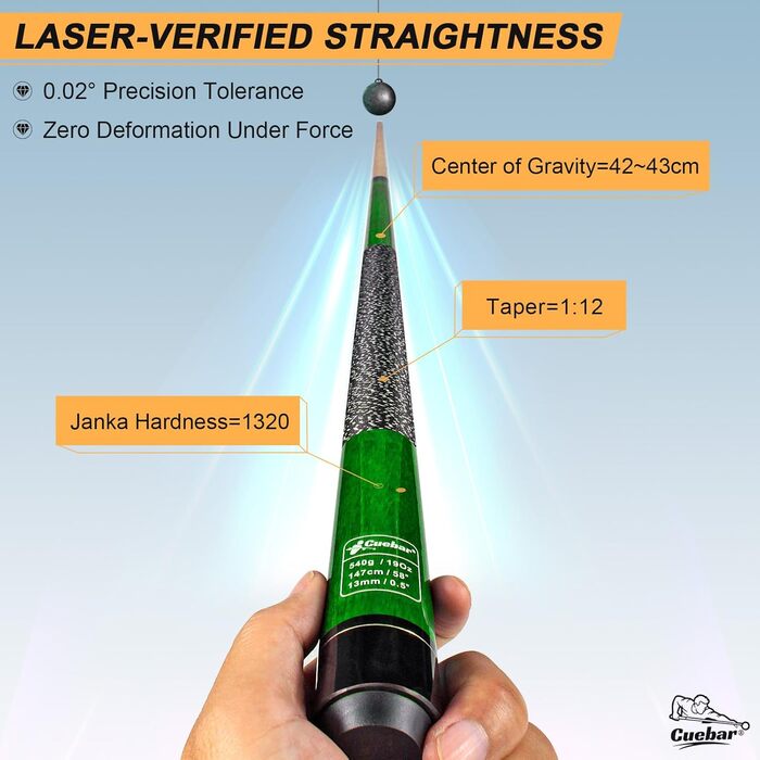 CUEBAR Більярдний кий, 147.3 см, 2-секційний з горіха, з наконечником 13 мм та льоновим грифом, для домашньої більярдного столу, для дорослих, 8 кольорів, 4 варіанти ваги (510 г, 538 г, 567 г, 595 г), колір: зелений, вага: 540 г