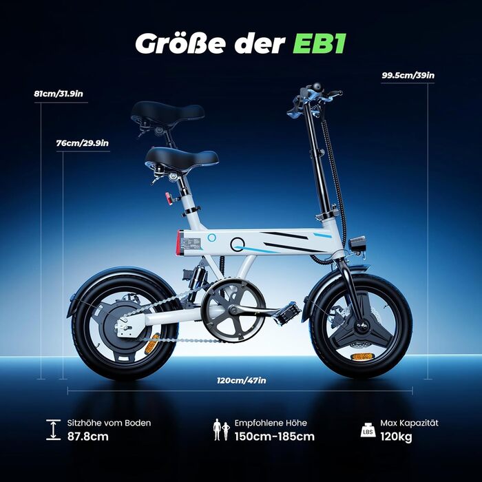 Складний електровелосипед Finbike 14/16 дюймів, 250Вт, акумулятор 7.8Аг, швидка зарядка, 3 режими швидкості, до 45 км, для дорослих і підлітків, біло-синій