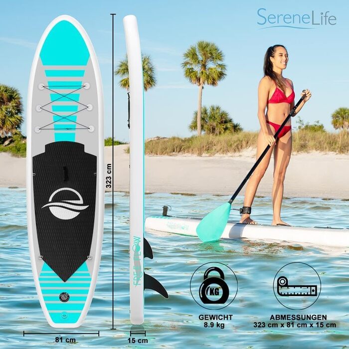 Надувна SUP-дошка SereneLife для дітей і дорослих з повним комплектом аксесуарів: антиковзке покриття, насос, весло, сумка для перенесення. Преміум якість для серфінгу та веслування на воді.
